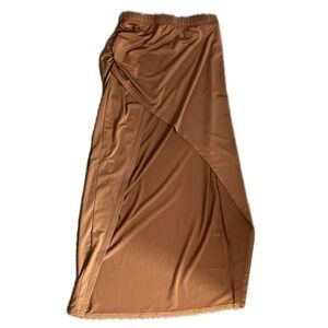 Tan Asymmetrical Split Thigh High Waist Midi Skirt